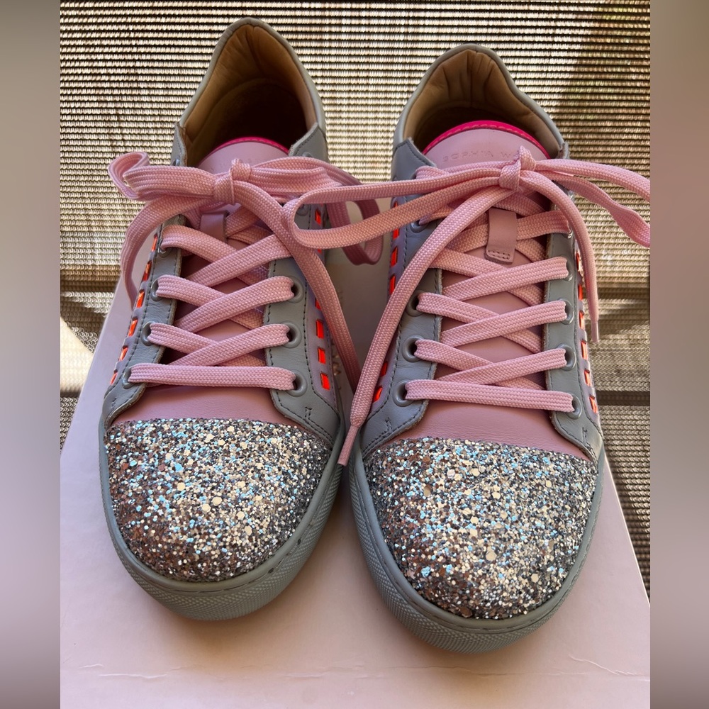 Sophia Webster Riko Glitter Cap-Toe Sneakers Barbie  Pink 37.5  B MSRP: $375.00